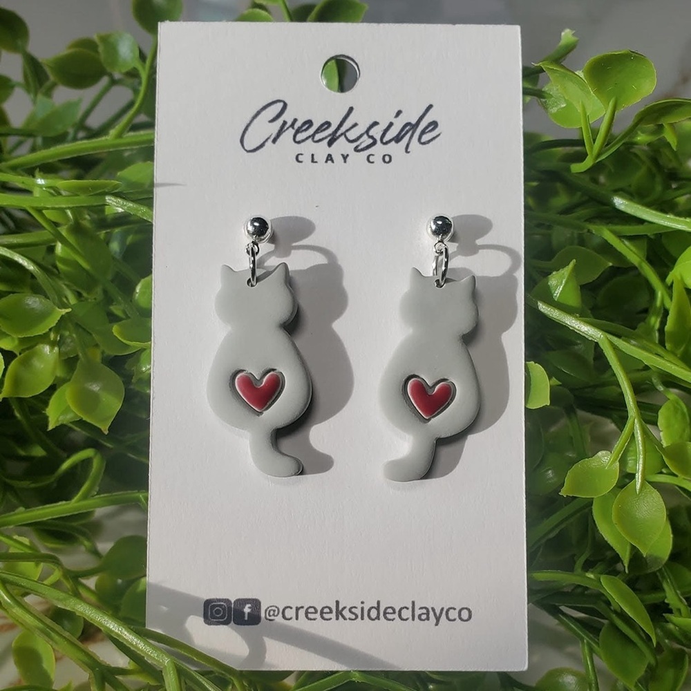 Cat Earrings with Red Heart